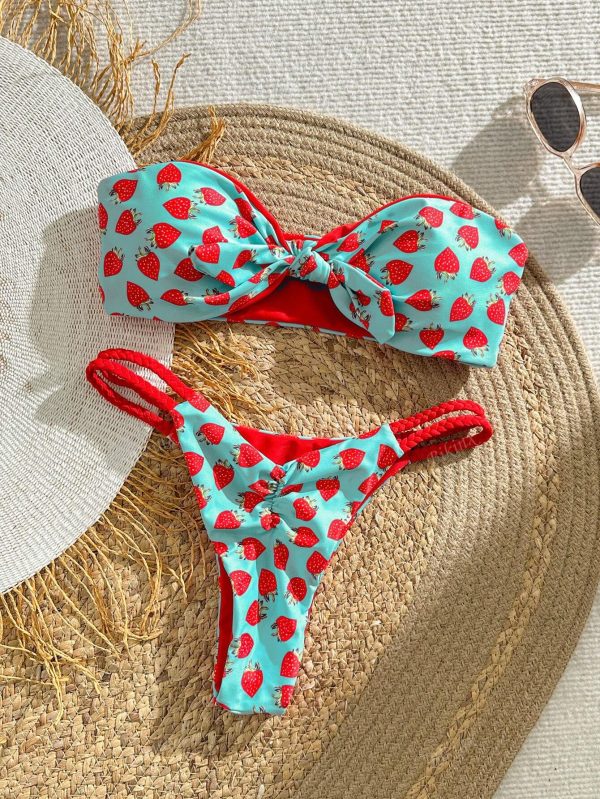 Conjunto de bikini de mujer con estampado de fresa, Top de bandeau retorcida