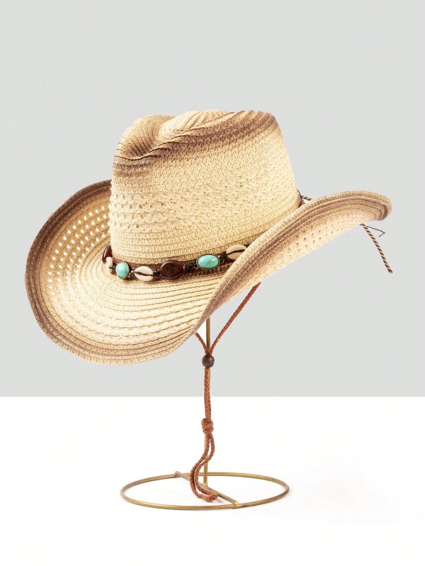 Sombrero estilo Panamá de paja con protección UV, decoración de cuentas estilo - Imagen 2