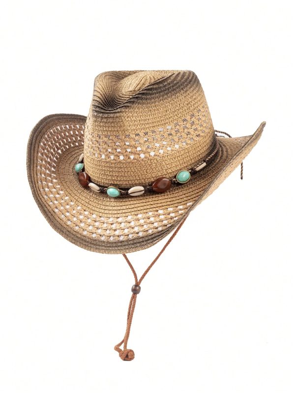 Sombrero estilo Panamá de paja con protección UV, decoración de cuentas estilo - Imagen 3