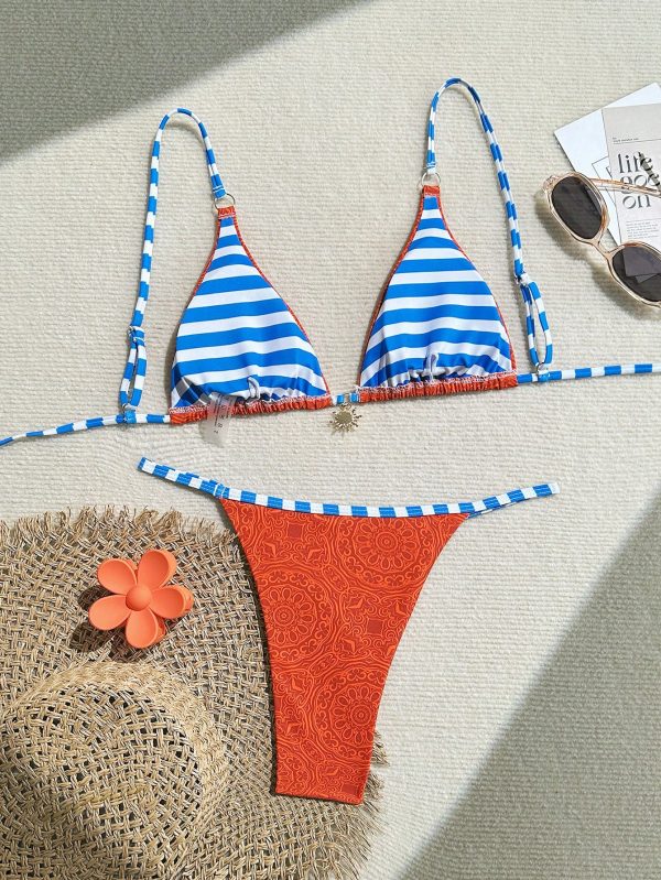 Conjunto de 2 piezas de traje de baño de mujer tipo bikini con estampado floral bohemio - Imagen 2