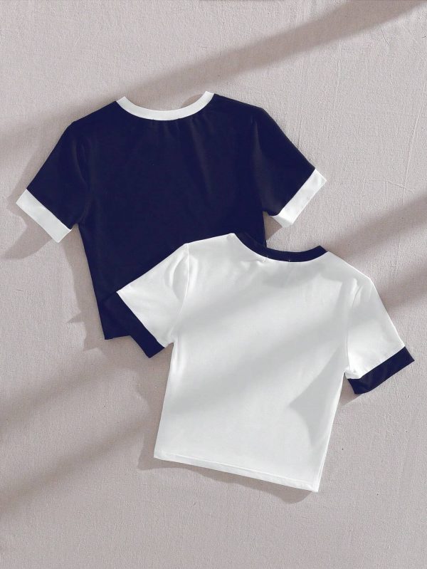Conjunto De Dos Piezas De Camiseta De Manga Corta De Color Block Ajustada Para Mujer - Imagen 2