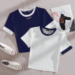 Conjunto De Dos Piezas De Camiseta De Manga Corta De Color Block Ajustada Para Mujer