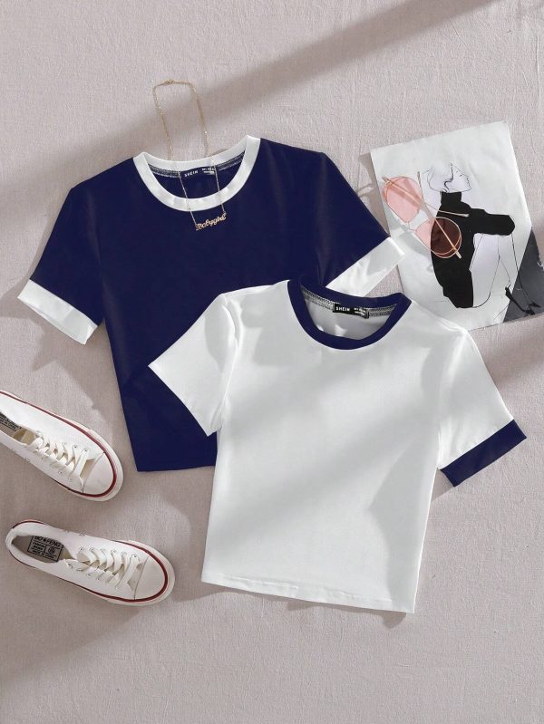 Conjunto De Dos Piezas De Camiseta De Manga Corta De Color Block Ajustada Para Mujer