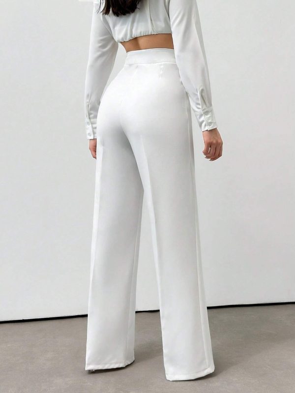 Pantalones elegantes de mujer de unicolor con cintura alta recta y cinturilla - Imagen 2