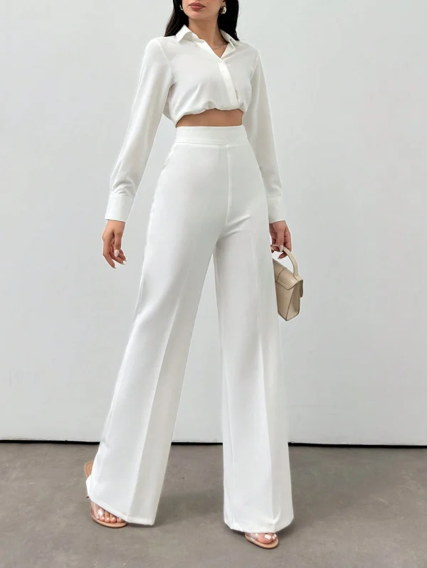 Pantalones elegantes de mujer de unicolor con cintura alta recta y cinturilla - Imagen 3