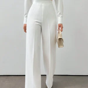 Pantalones elegantes de mujer de unicolor con cintura alta recta y cinturilla