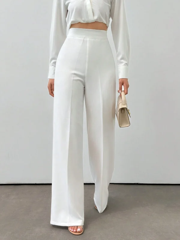 Pantalones elegantes de mujer de unicolor con cintura alta recta y cinturilla