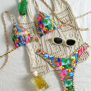 Vcay Conjunto de 2 piezas de traje de baño bohemio de estampado floral con top halter