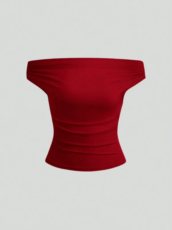Top casual con hombros descubiertos y pliegues de unicolor, otoño - Imagen 3