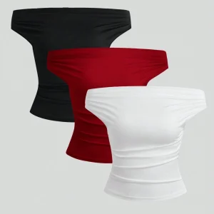 Top casual con hombros descubiertos y pliegues de unicolor, otoño