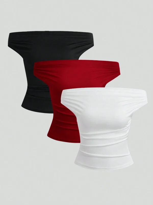 Top casual con hombros descubiertos y pliegues de unicolor, otoño