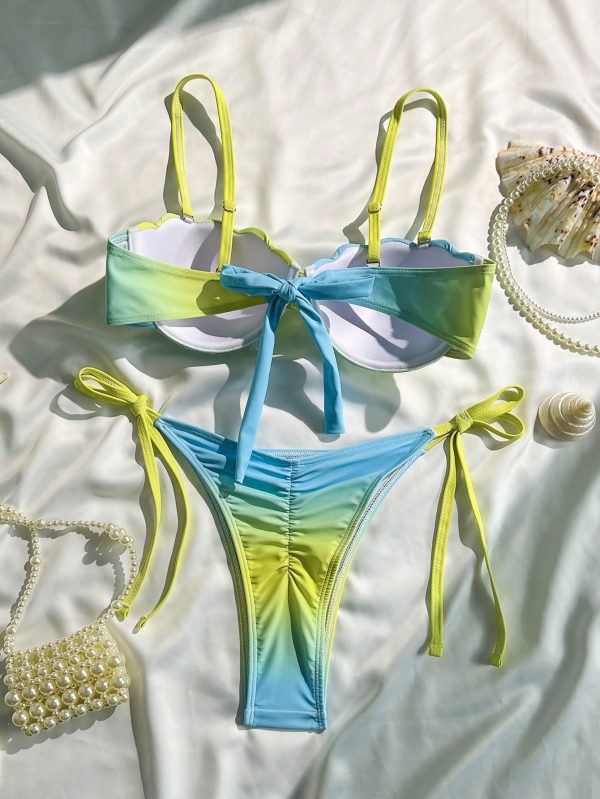 2 piezas Conjunto de bikini de punto con estampado aleatorio y correas ajustables - Imagen 3