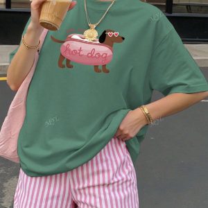 Estampado divertido de perro Oversize Blusa de manga corta de verano para mujer