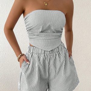 Chiquease Set de 2 piezas de top bandeau y shorts a rayas de estilo casual para vacaciones