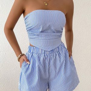 Chiquease 2 piezas Conjunto informal de top de tirantes a rayas tipo bandeau y pantalones