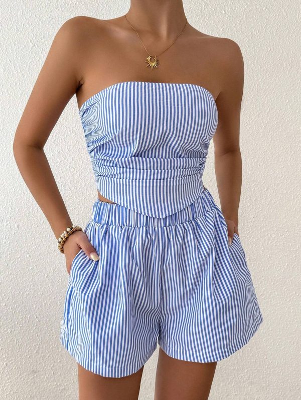 Chiquease 2 piezas Conjunto informal de top de tirantes a rayas tipo bandeau y pantalones