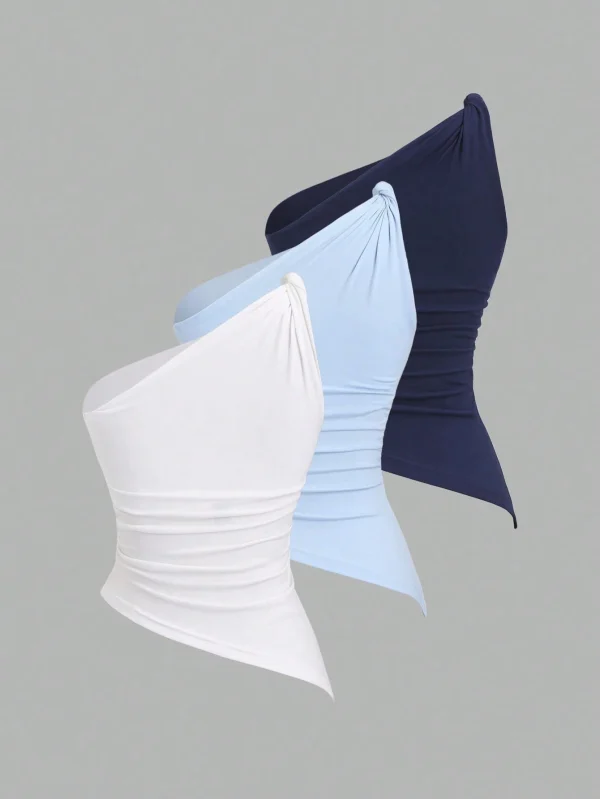 Blusa de chifón plisada con cuello asimétrico y giro sexy - Imagen 2