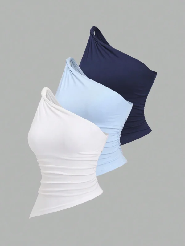 Blusa de chifón plisada con cuello asimétrico y giro sexy - Imagen 3