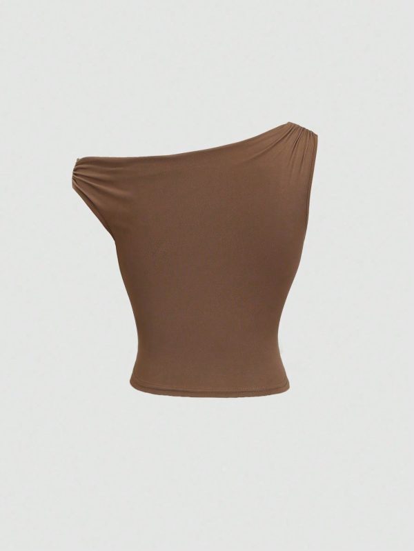 Sweetra Top tipo camiseta ajustada de cuello asimétrico, informal, para primavera/verano - Imagen 2