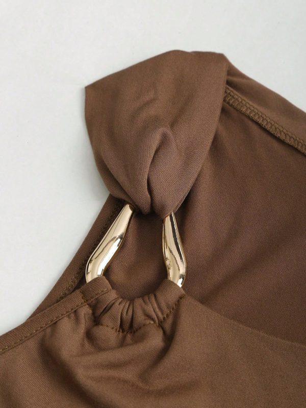 Sweetra Top tipo camiseta ajustada de cuello asimétrico, informal, para primavera/verano - Imagen 3