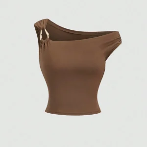 Sweetra Top tipo camiseta ajustada de cuello asimétrico, informal, para primavera/verano