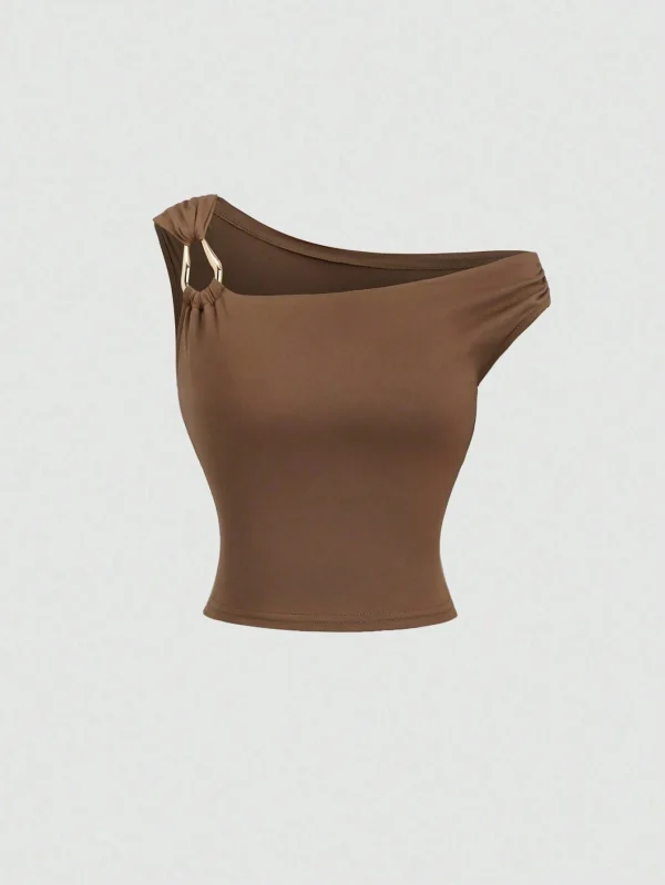 Sweetra Top tipo camiseta ajustada de cuello asimétrico, informal, para primavera/verano