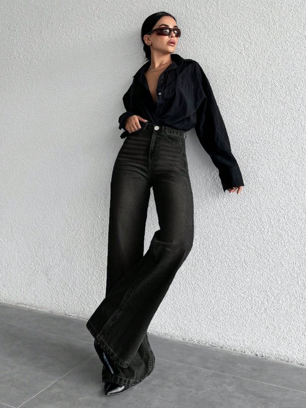 Pantalones vaqueros de pierna ancha de cintura alta 100% algodón - Imagen 3