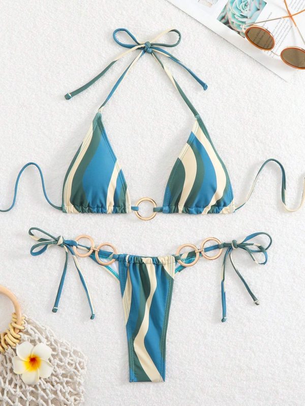 Conjunto de bikini con aros dorados y lazos laterales, estilo sexy y de moda - Imagen 2