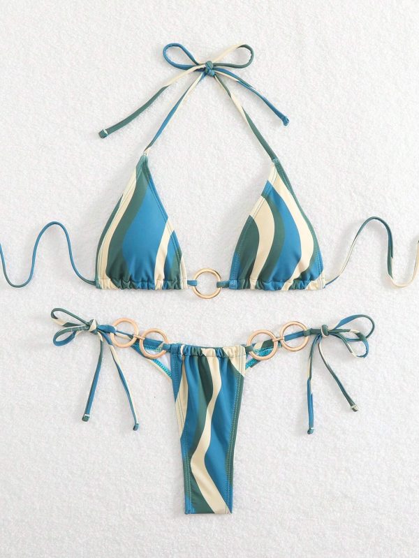 Conjunto de bikini con aros dorados y lazos laterales, estilo sexy y de moda - Imagen 3