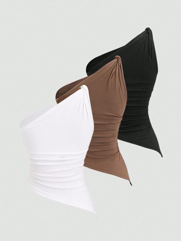 Sweetra Blusa asimétrica de gasa con pliegues y hombro asimétrico en estilo - Imagen 2