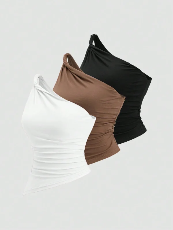 Sweetra Blusa asimétrica de gasa con pliegues y hombro asimétrico en estilo - Imagen 3