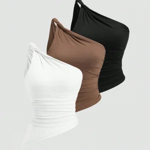 Sweetra Blusa asimétrica de gasa con pliegues y hombro asimétrico en estilo