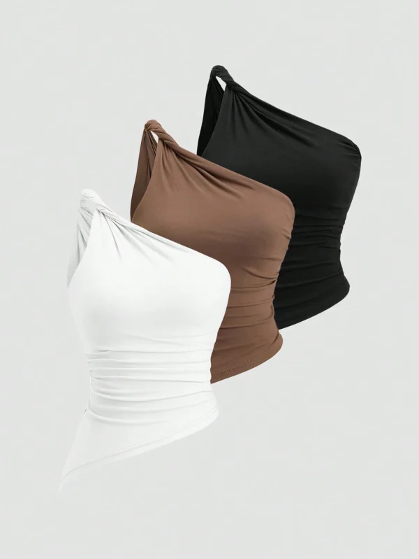 Sweetra Blusa asimétrica de gasa con pliegues y hombro asimétrico en estilo
