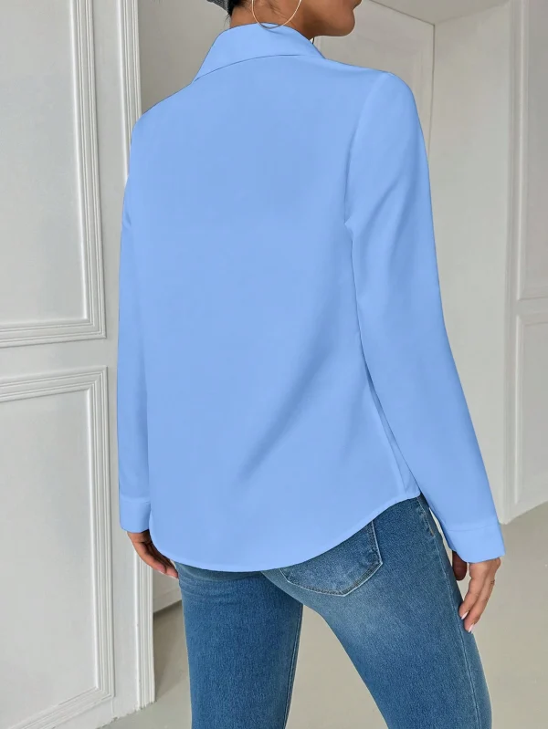 Camisa blanca de manga larga de corte ajustado con cuello y bolsillo, informal para mujer - Imagen 2