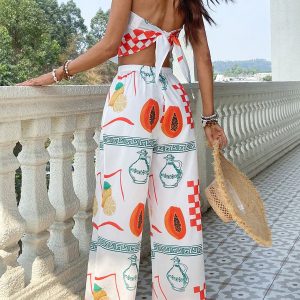 Set de 2 piezas de top tubo de gasa con estampado y pantalones holgados