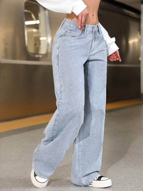 Jeans de mezclilla casuales y sencillos para mujeres con bolsillos y botones frontales