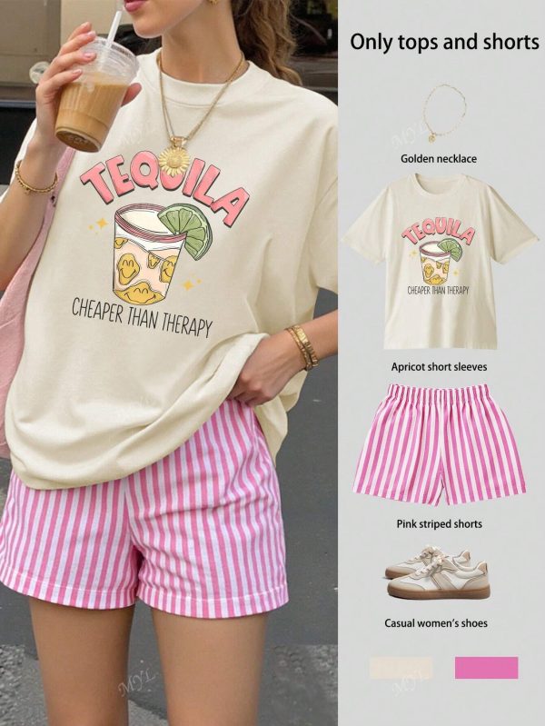 Conjunto de top holgado de manga corta con estampado de TEQUILA