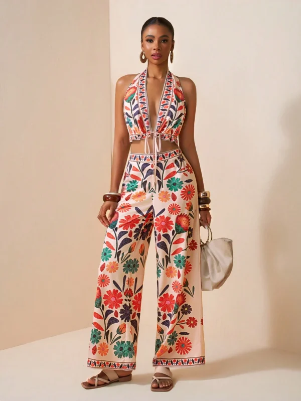 2 piezas con estampado floral, espalda descubierta, nudo y volantes - Imagen 3