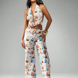 Conjunto de dos piezas con top de escote halter abierto por delante y pantalones