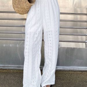Livesso Pantalones largos casuales de unicolor, con diseño calado y bordado, cintura elástica