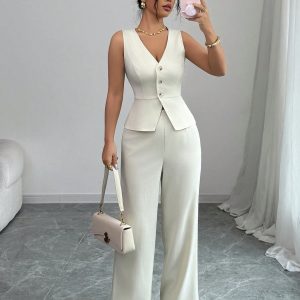 Conjunto de chaleco y pantalón elegante sin mangas para mujer
