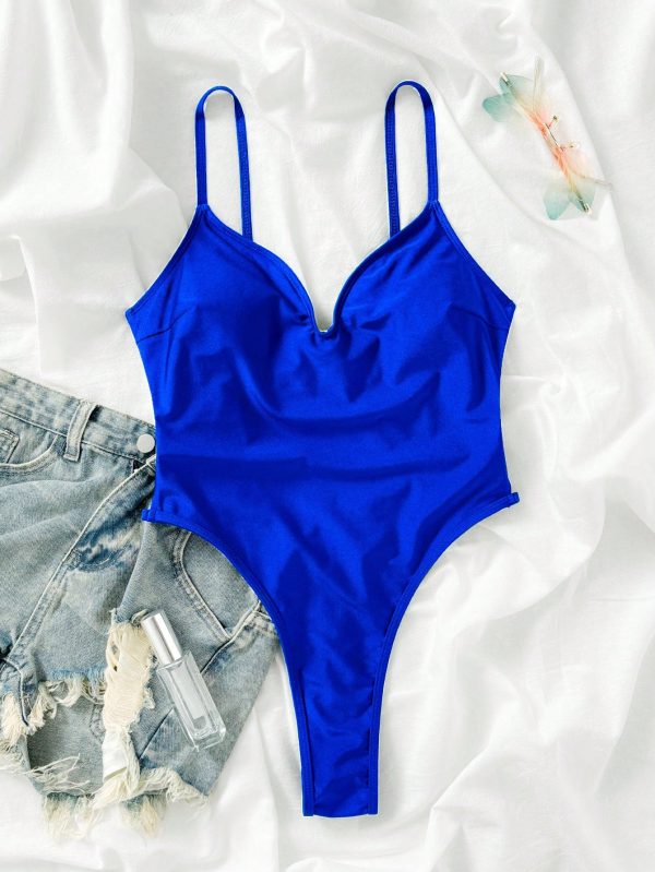1 pieza Traje de baño enterizo de un solo color, con tirantes finos y escote en la espalda - Imagen 3