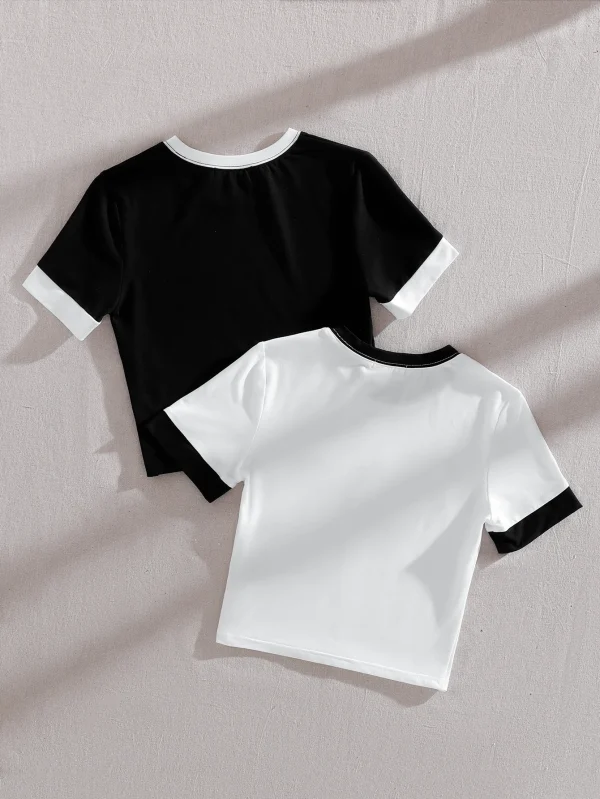 Flirla 2 piezas Camiseta unida en contraste unicolor - Imagen 2