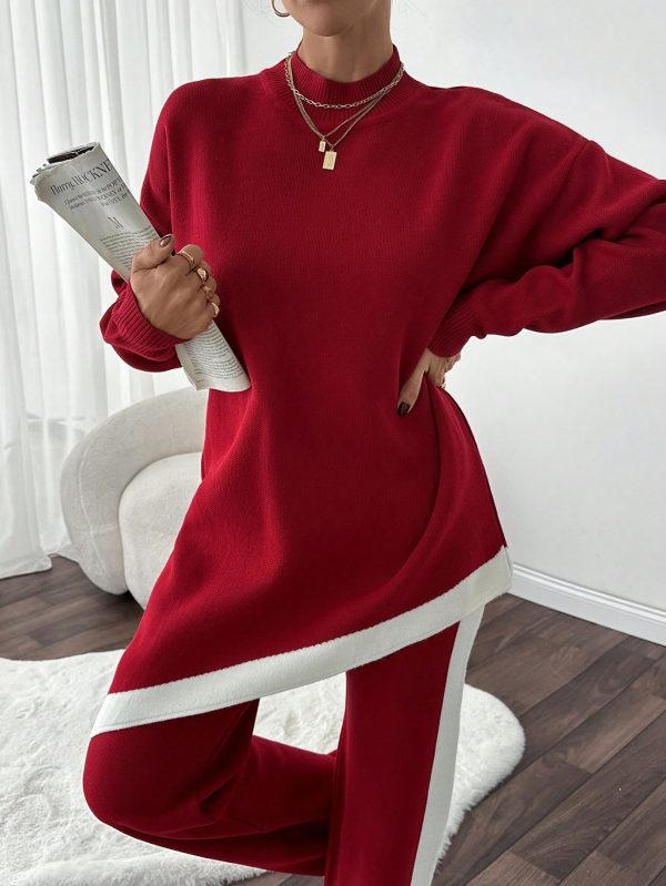 Conjunto de sudadera con cuello alto simulado y pantalones de mujer con detalles de bajo - Imagen 2