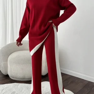 Conjunto de sudadera con cuello alto simulado y pantalones de mujer con detalles de bajo