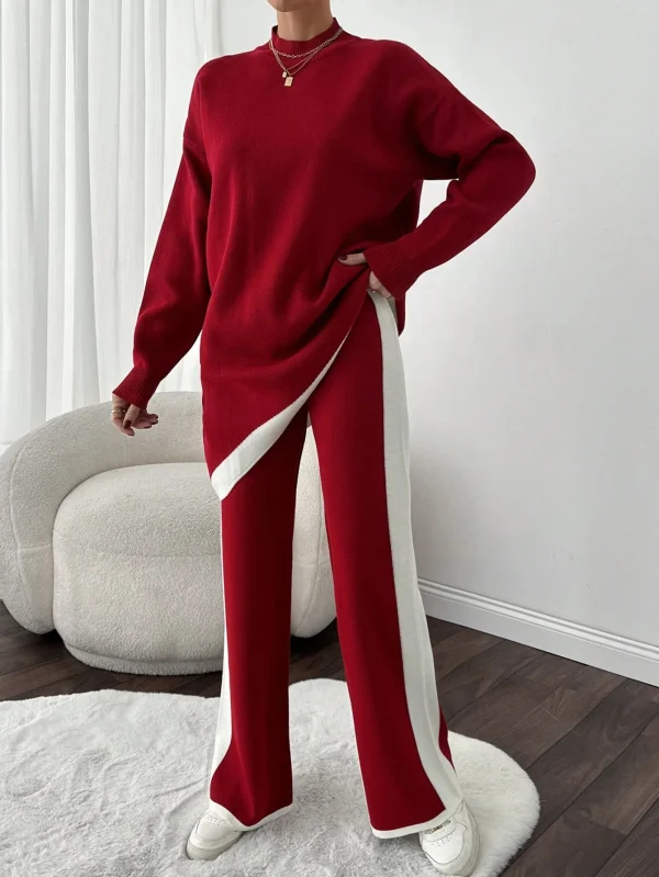 Conjunto de sudadera con cuello alto simulado y pantalones de mujer con detalles de bajo