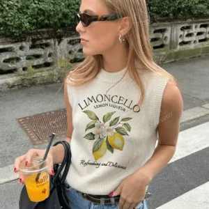 Camiseta de mujer de verano de cuello redondo con estampado de limón