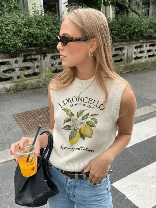 Camiseta de mujer de verano de cuello redondo con estampado de limón