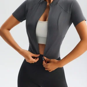 Chaqueta deportiva con cuello alto ajustada y cremallera para mujer, top de yoga
