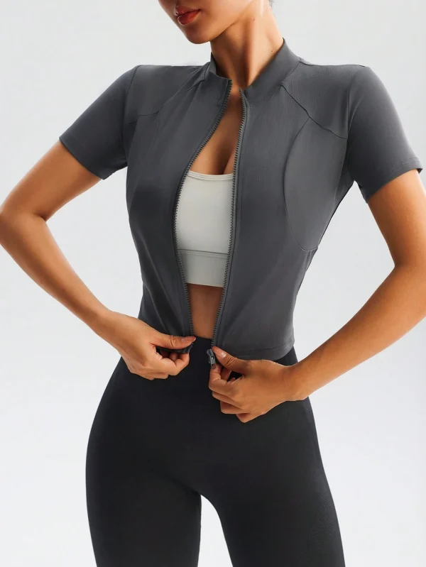 Chaqueta deportiva con cuello alto ajustada y cremallera para mujer, top de yoga